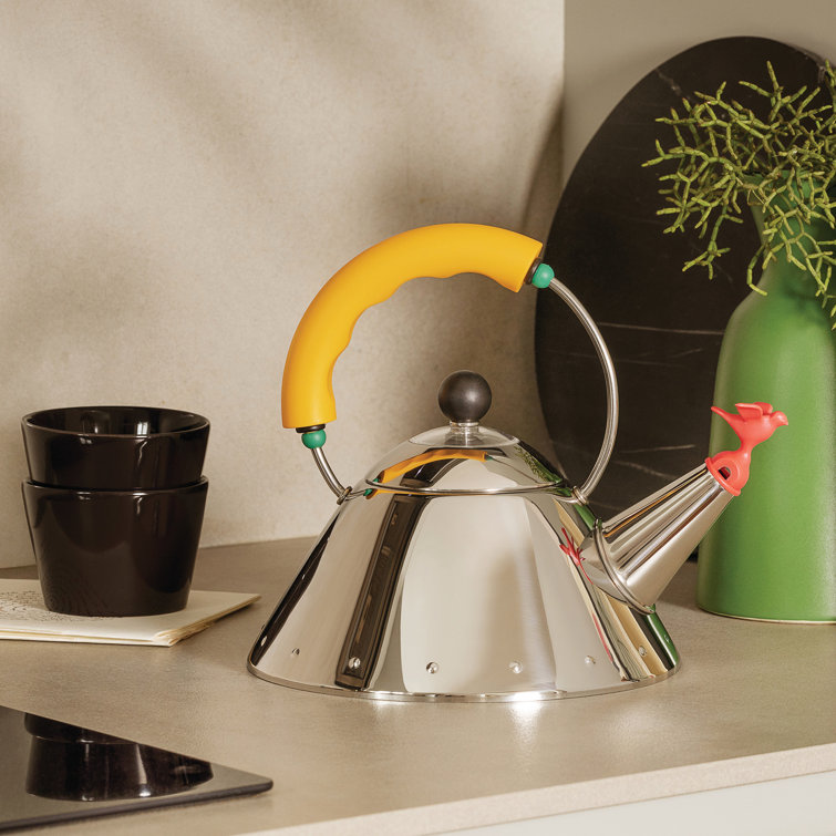 Stainless Steel Whistling Kettle with White Handle and Bird Whistle