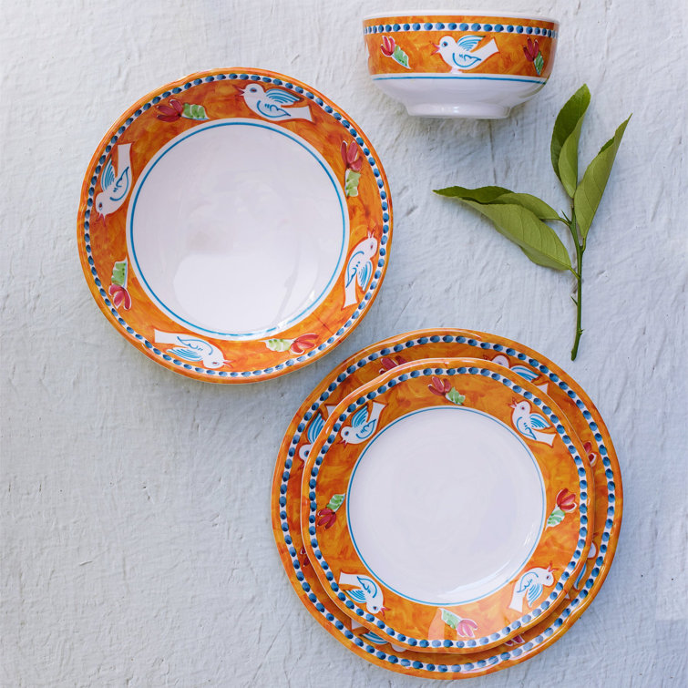 Handcrafted Orange Melamine Dinner Plate with Bird Design, 10 Inch