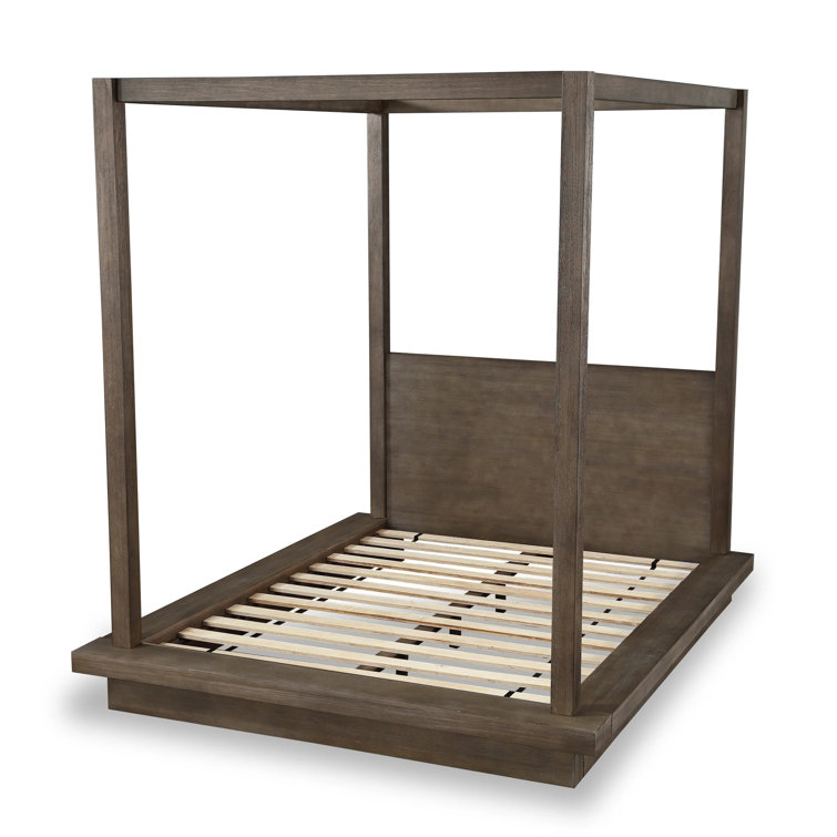 Rustic Dark Pine Queen Canopy Bed with Plinth Base and Storage Drawer