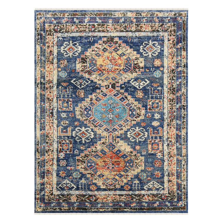 Blue Geometric Hand-Knotted Wool Area Rug 10' x 14'