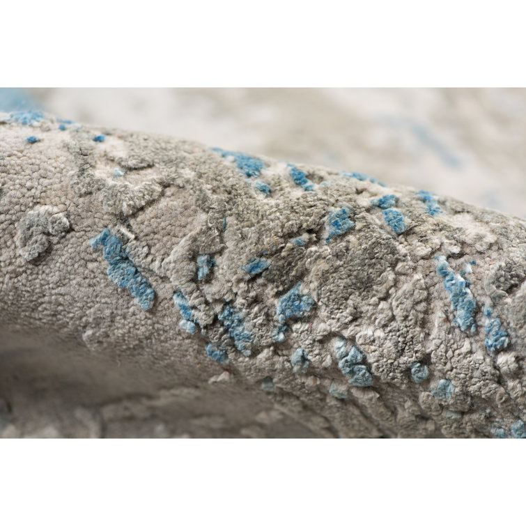 Zenith Blue Hand-Knotted Wool and Silk Abstract Rug