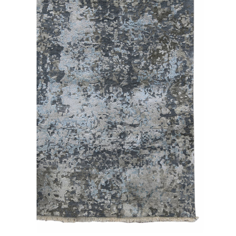 Gray Abstract Hand-Knotted Wool and Silk Area Rug
