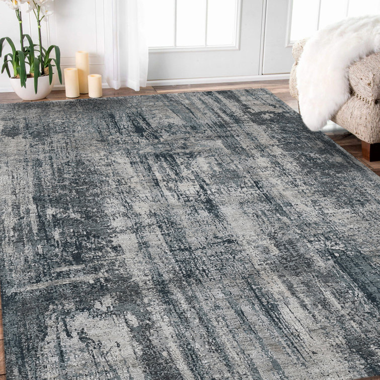Gray Abstract Hand-Knotted Wool and Silk Area Rug