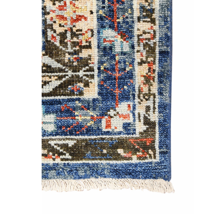 Blue Geometric Hand-Knotted Wool Area Rug 10' x 14'
