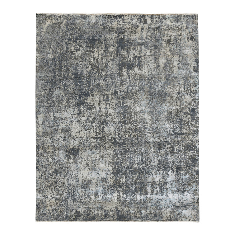 Gray Abstract Hand-Knotted Wool and Silk Area Rug