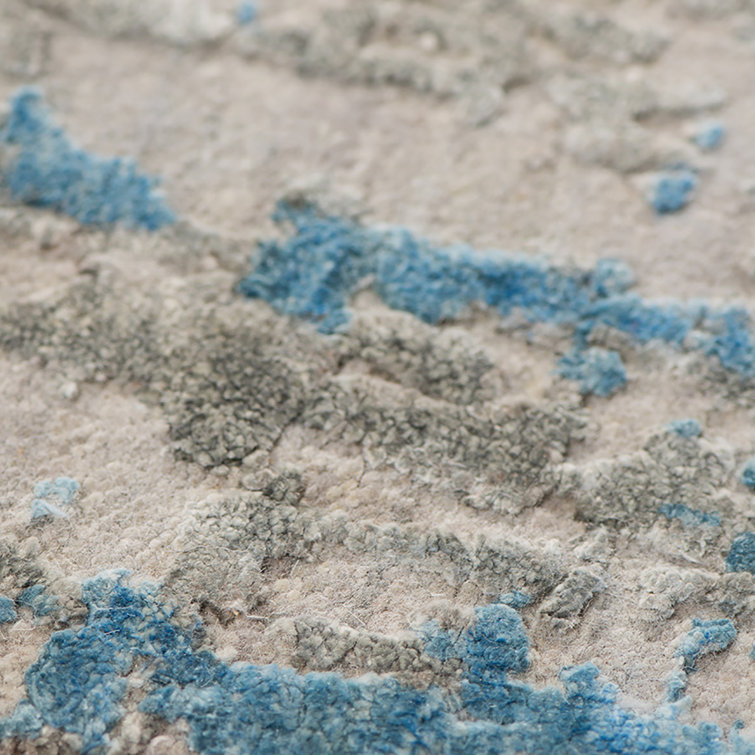 Zenith Blue Hand-Knotted Wool and Silk Abstract Rug