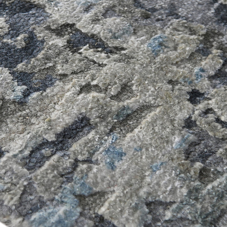 Gray Abstract Hand-Knotted Wool and Silk Area Rug