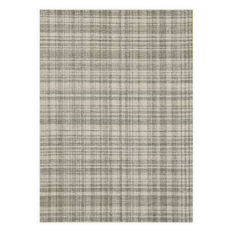 Ivory Plaid Hand-Tufted Wool Rectangular Area Rug 5' x 7'