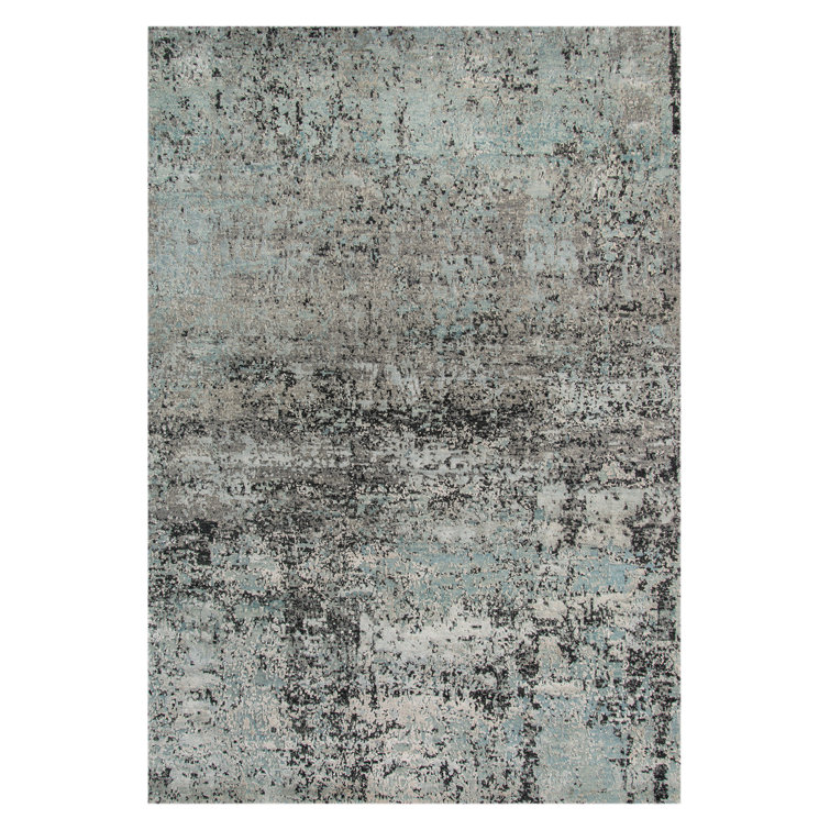 Hand-Knotted Blue Abstract Wool and Silk 10' x 14' Rug