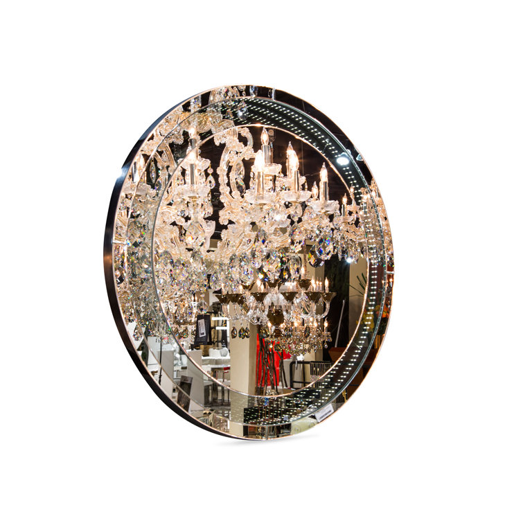 Elegant 39.5'' Round Wood and Silver Wall Mounted LED Mirror