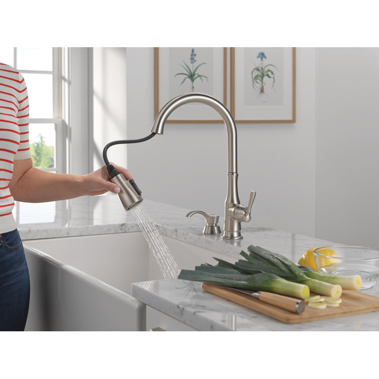 SpotShield Stainless Steel Pull-Down Kitchen Faucet with Soap Dispenser