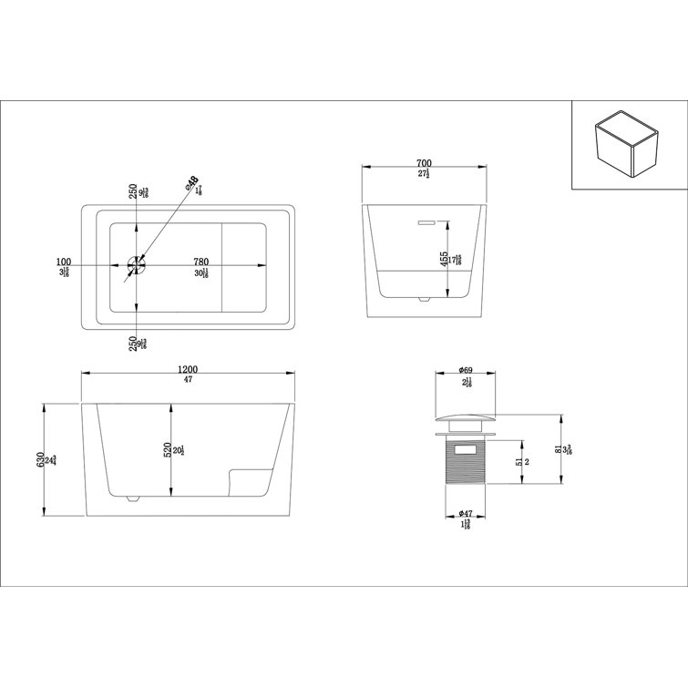 47'' White Acrylic Freestanding Rectangular Soaking Bathtub