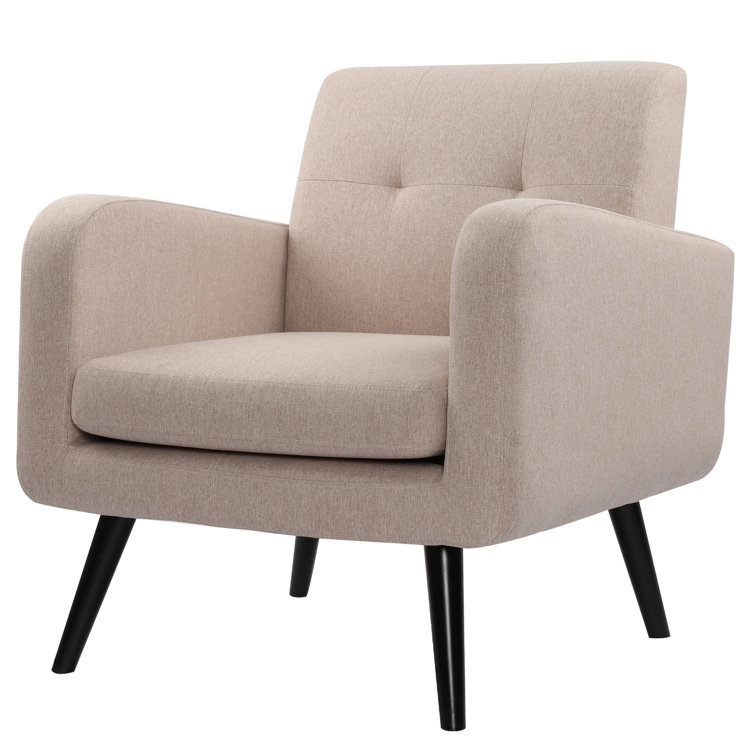 Beige Upholstered Mid-Century Modern Armchair with Wood Legs