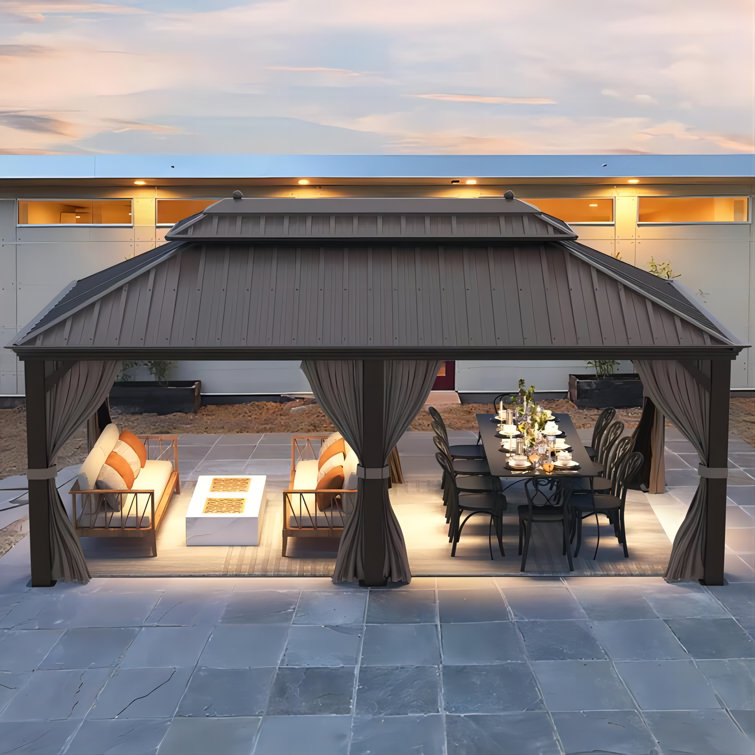 Erommy 12' x 20' Double Roof Steel Hardtop Gazebo with Curtains