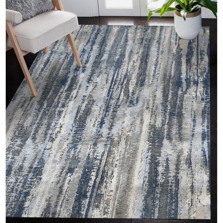 Hand-Knotted Blue Abstract Wool Silk Area Rug