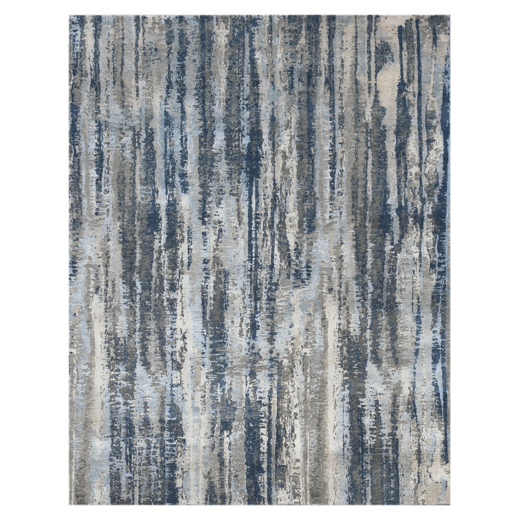 Hand-Knotted Blue Abstract Wool Silk Area Rug