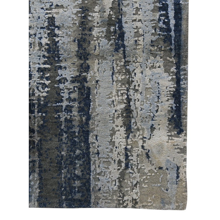 Hand-Knotted Blue Abstract Wool Silk Area Rug