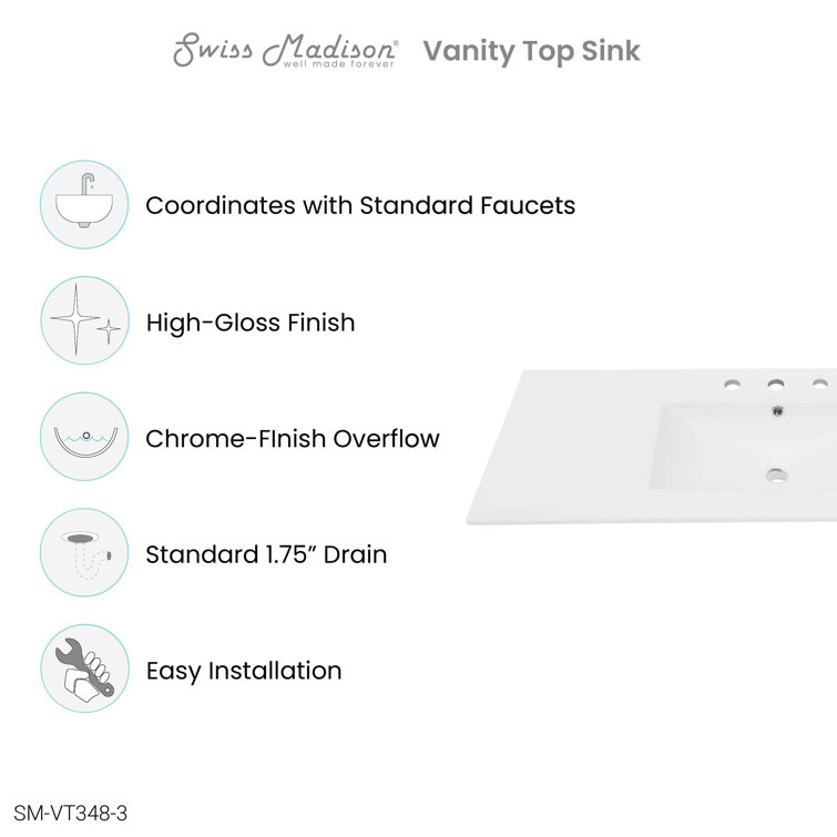 Glossy White Ceramic Vanity Top with Spacious Basin, 48 inch