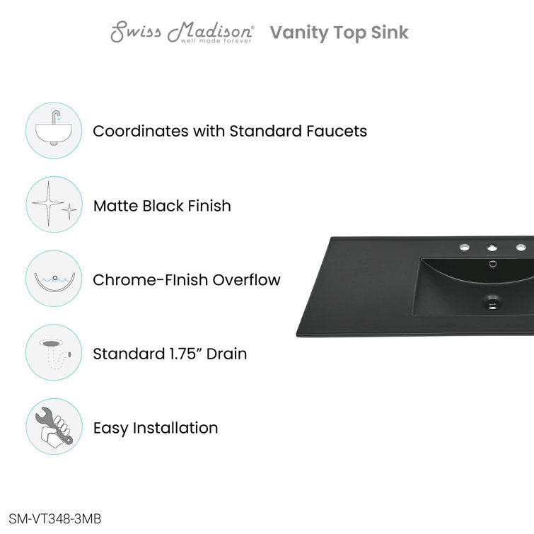 Matte Black Ceramic Vanity Sink Top with Three Faucet Holes