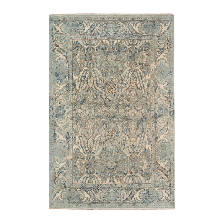 Blue Hand-Knotted Wool Rectangular Area Rug 9' x 12'