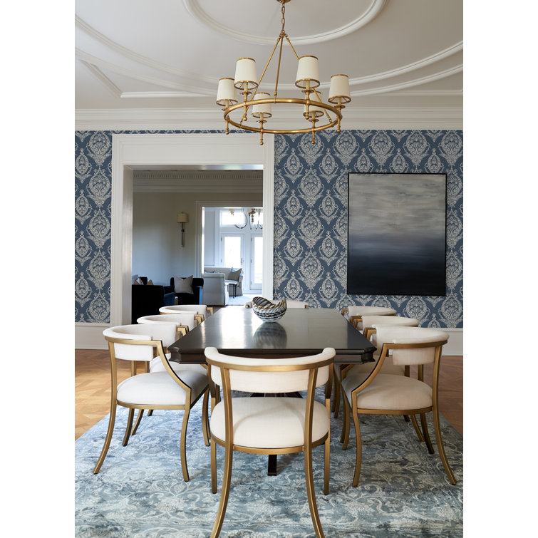 Indigo and White Botanical Damask Non-Woven Wallpaper Roll