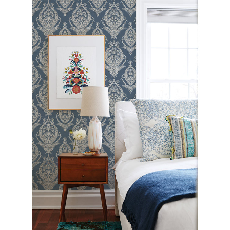 Indigo and White Botanical Damask Non-Woven Wallpaper Roll