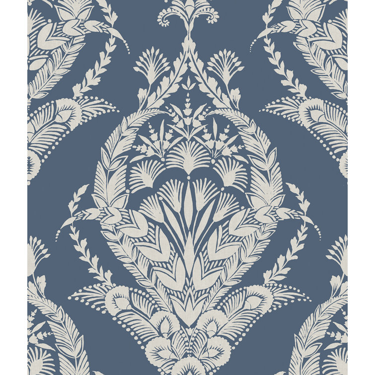 Indigo and White Botanical Damask Non-Woven Wallpaper Roll