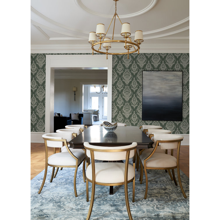 Evergreen and White Damask Non-Pasted Washable Wallpaper
