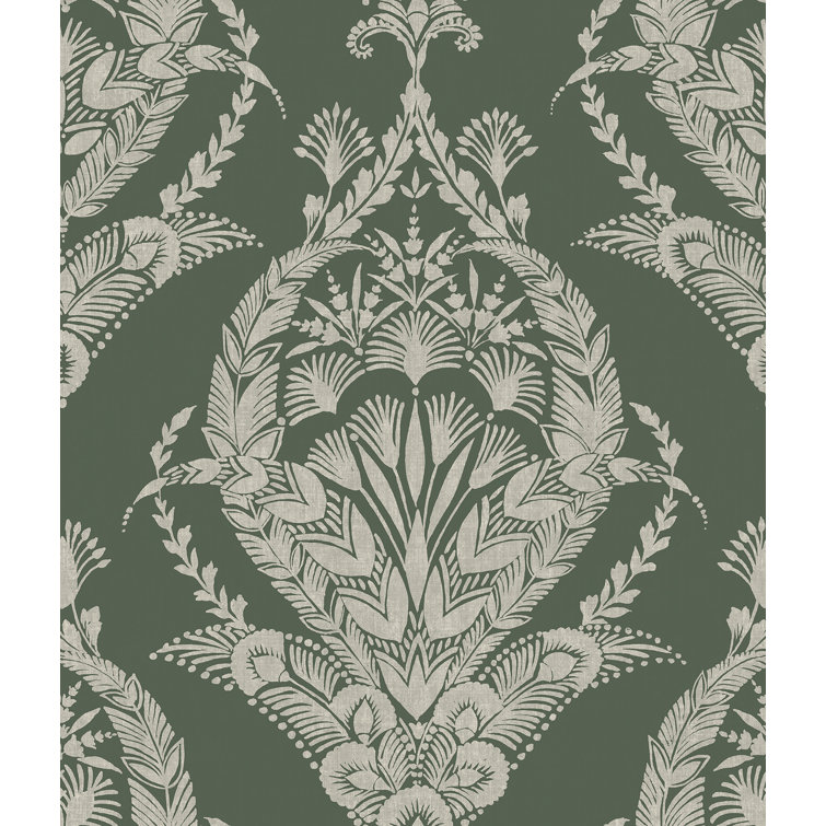 Evergreen and White Damask Non-Pasted Washable Wallpaper