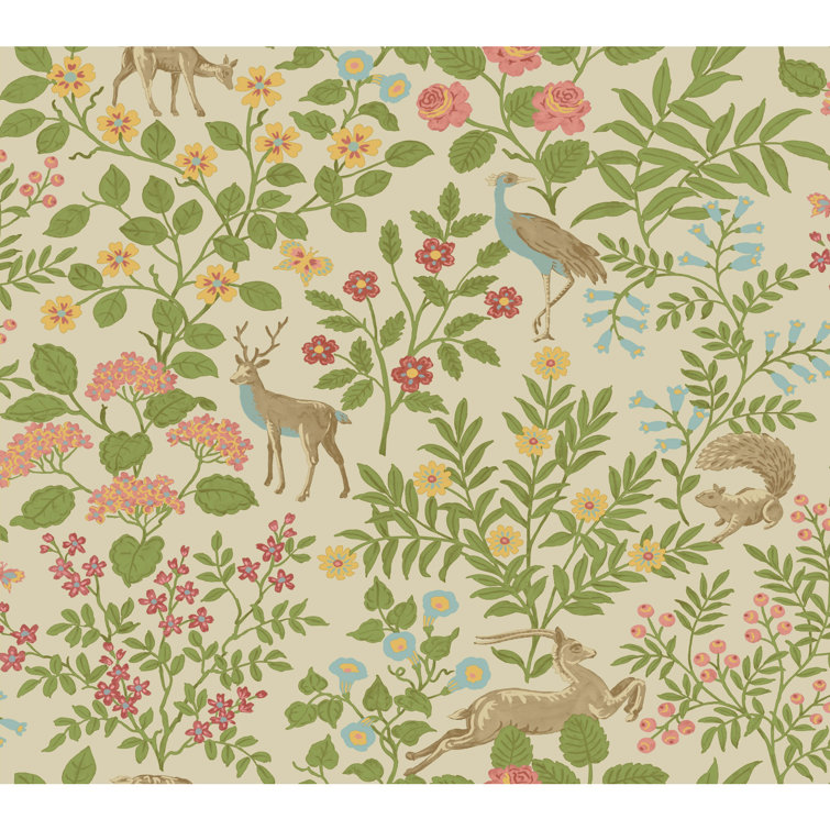 Linen Tan and Green Floral Peel and Stick Wallpaper