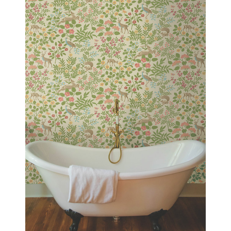Linen Tan and Green Floral Peel and Stick Wallpaper