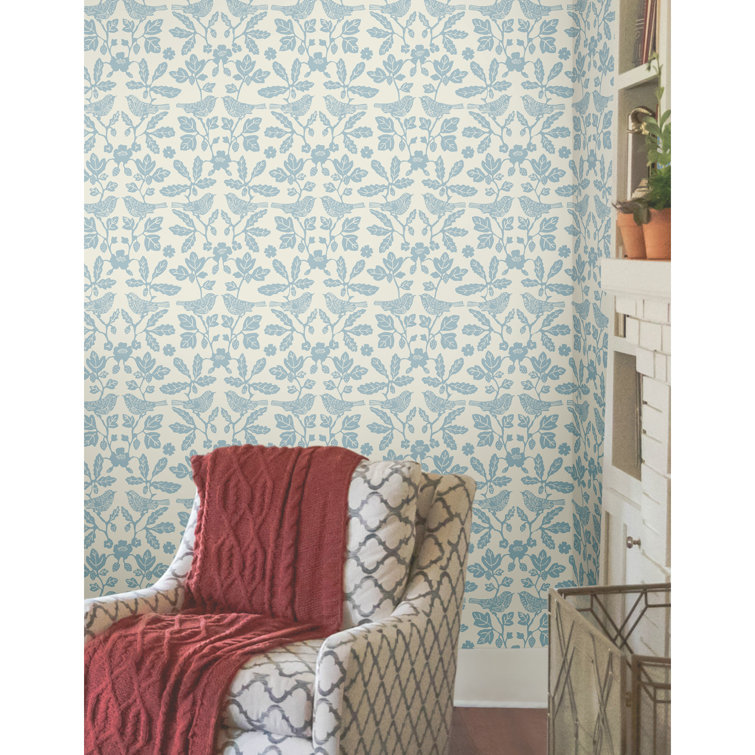 Glacial Blue Bird and Botanical Peel & Stick Wallpaper