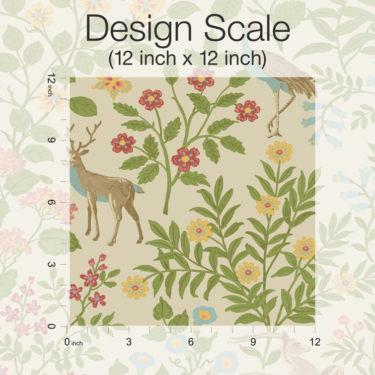 Linen Tan and Green Floral Peel and Stick Wallpaper