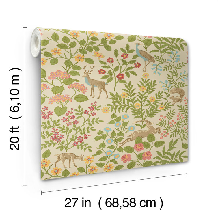Linen Tan and Green Floral Peel and Stick Wallpaper