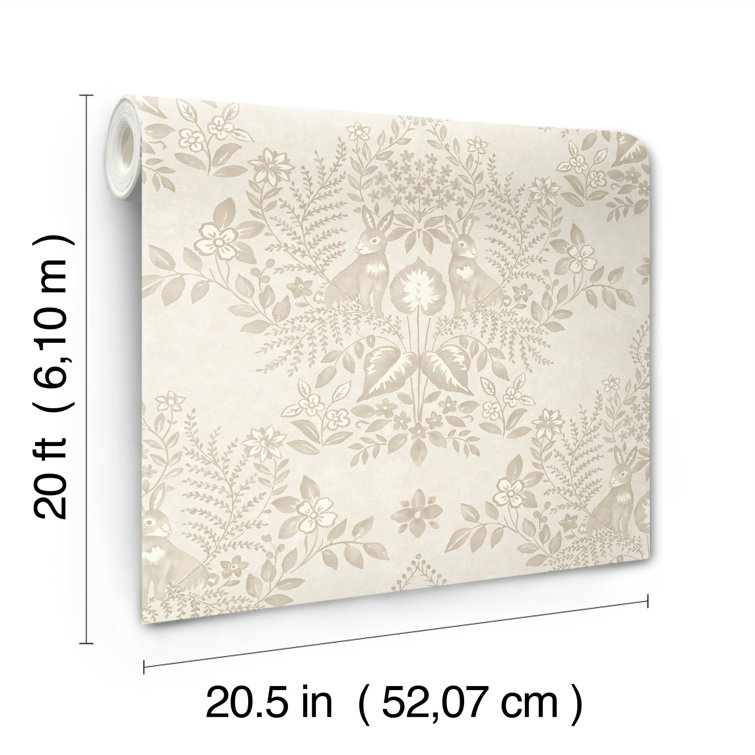 Wicker Beige Damask Peel & Stick Wallpaper with Rabbit Design