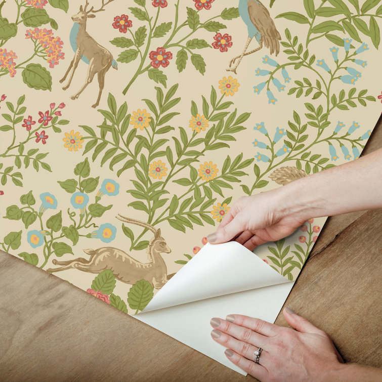 Linen Tan and Green Floral Peel and Stick Wallpaper