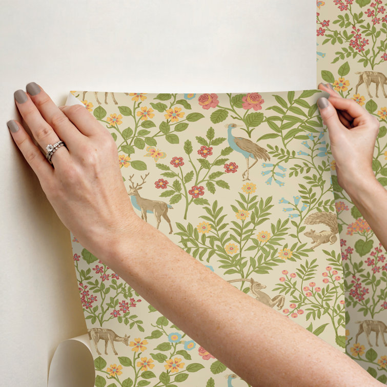 Linen Tan and Green Floral Peel and Stick Wallpaper