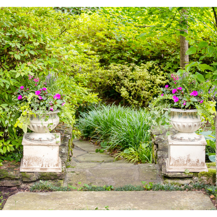 Distressed White Metal Garden Urn with Pedestal Base