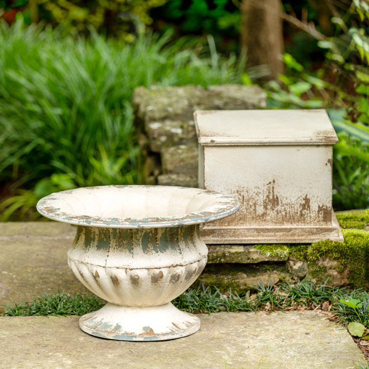 Distressed White Metal Garden Urn with Pedestal Base