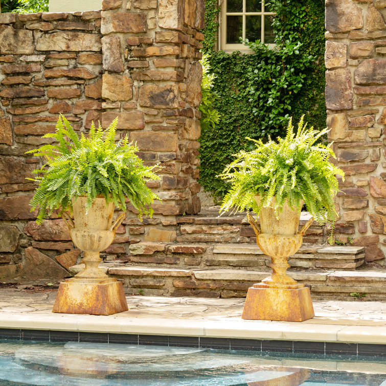 Aged Rusted Metal Outdoor Urn Planter with Pedestal