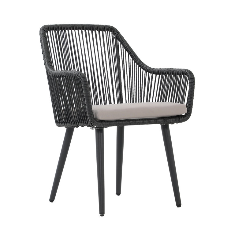 Black Wicker and Metal Outdoor Dining Chairs with Cushions, Set of 2