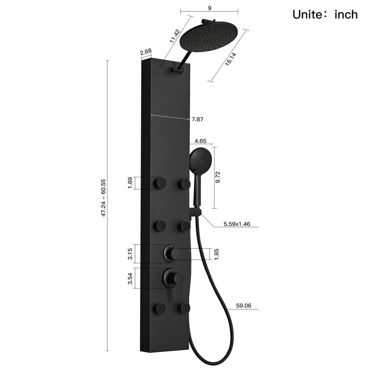 Matte Black 60.55'' Shower Panel with Adjustable Head and Jets