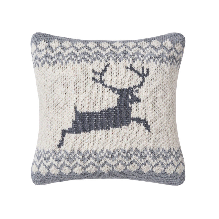 Gray and White Knitted Deer Christmas Throw Pillow