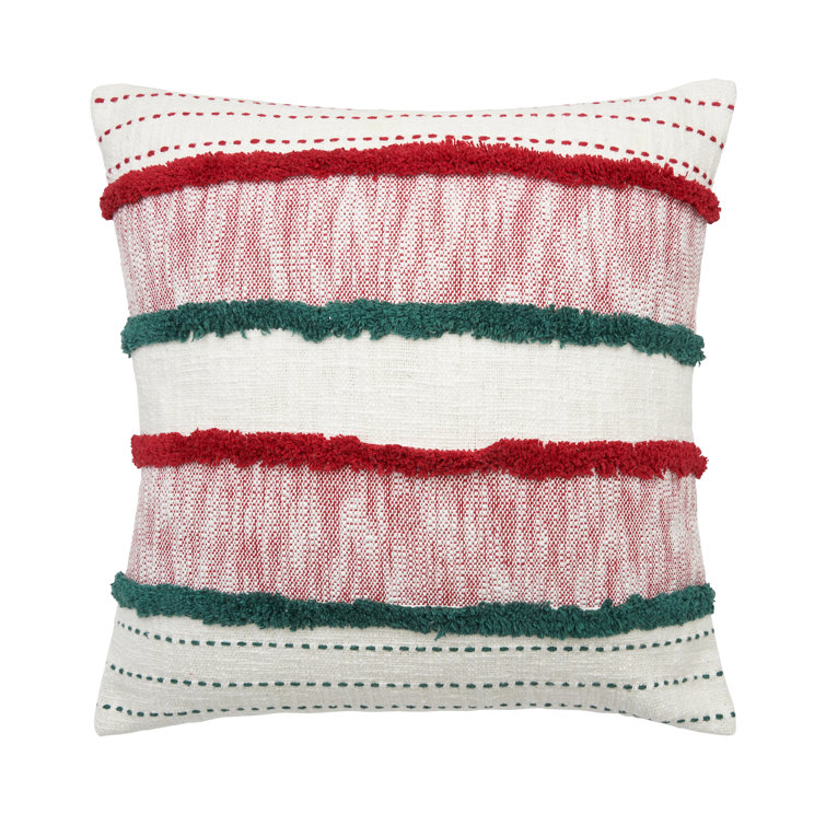 Red and Green Embroidered Cotton Square Throw Pillow