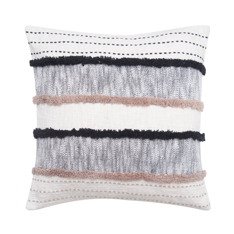 Black and Beige Embroidered Cotton Square Throw Pillow