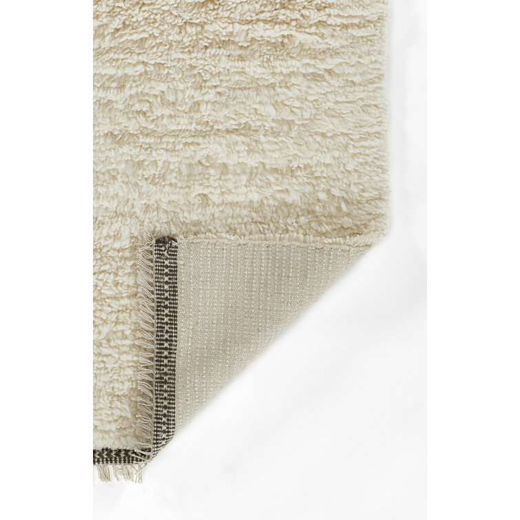 Ivory Handwoven Wool Shag Rug with Tassel Fringe, 5 ft x 8 ft