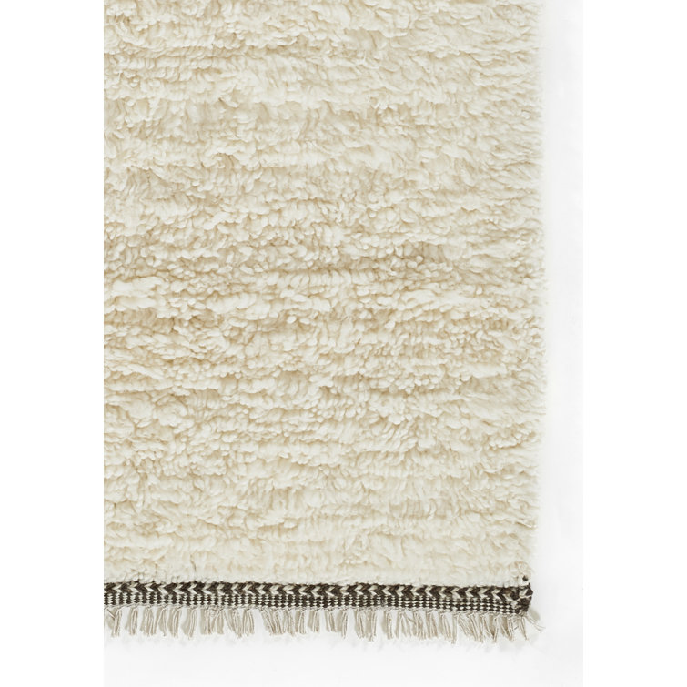 Ivory Handwoven Wool Shag Rug with Tassel Fringe, 5 ft x 8 ft