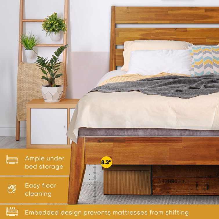 Caramel Acacia Wood Queen Platform Bed Frame with Headboard