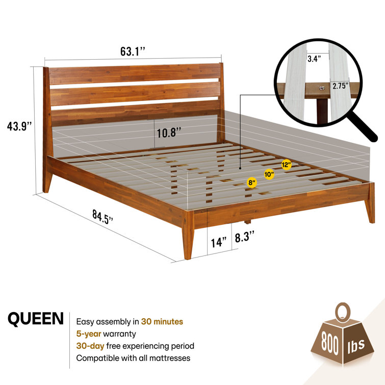 Caramel Acacia Wood Queen Platform Bed Frame with Headboard