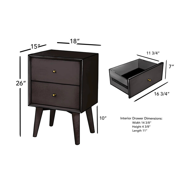Flynn Black Transitional Mid-Century 2-Drawer Nightstand